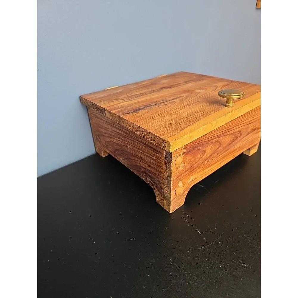 VTG Handcrafted Wooden Lidded Box‎ Felt Lined Thick Storage Trinket Cigar Hidden